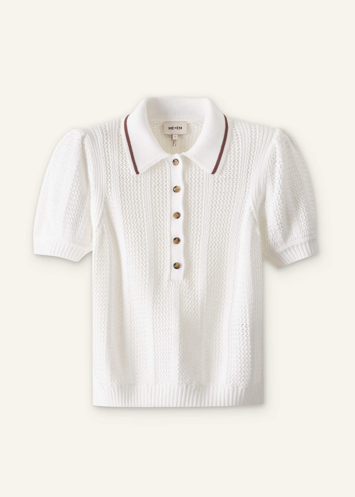 ME+EM Cream Pointelle Pouf Sleeve Sporty Smart Polo Top