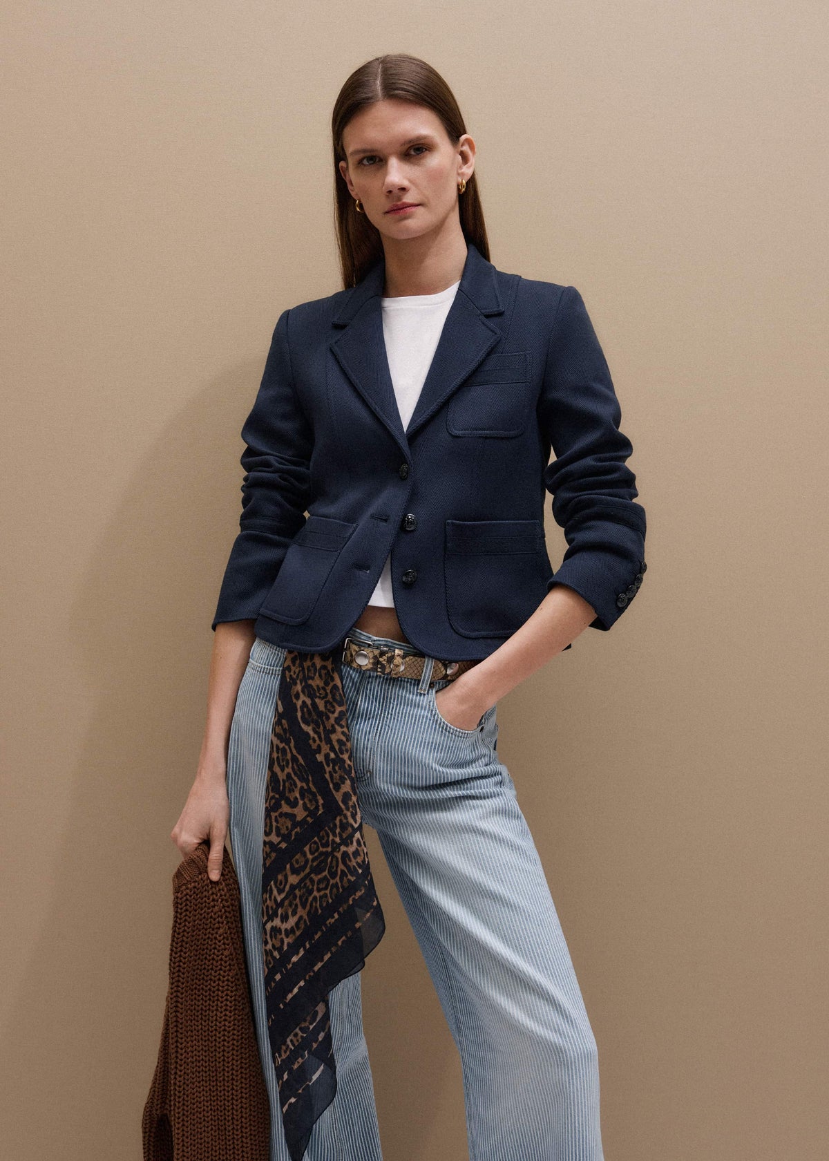 ME+EM Navy Herringbone Fitted Crop Jacket