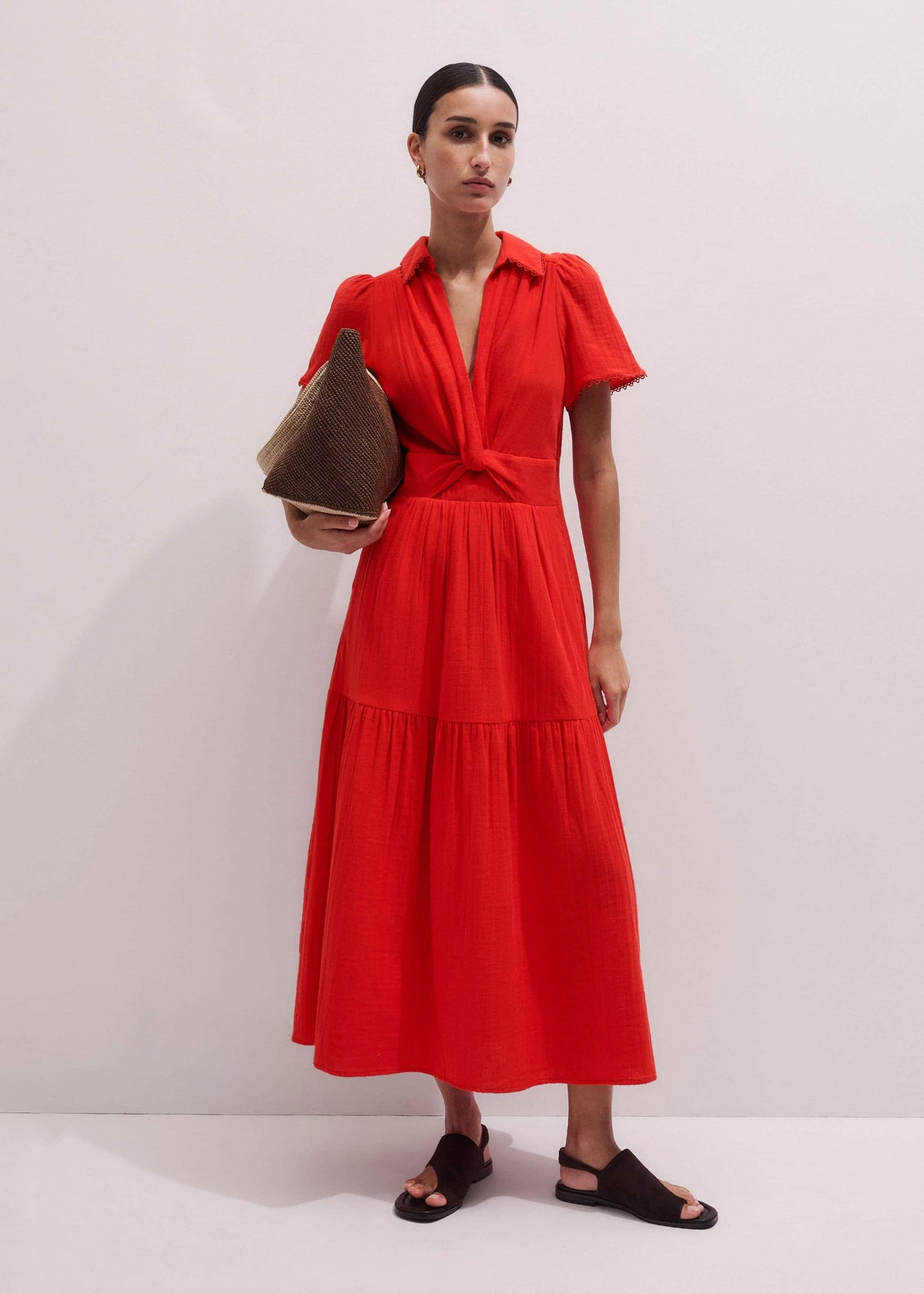 ME+EM Red Cheesecloth Twist Detail Fit + Flare Maxi Dress