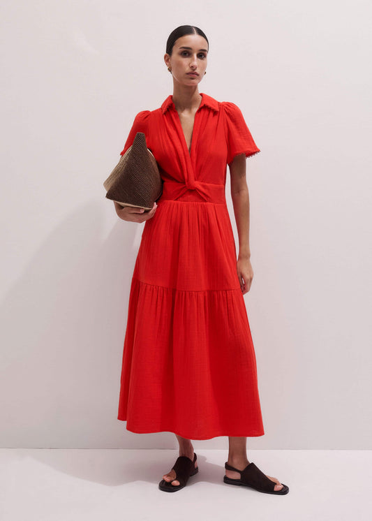 ME+EM Red Cheesecloth Twist Detail Fit + Flare Maxi Dress