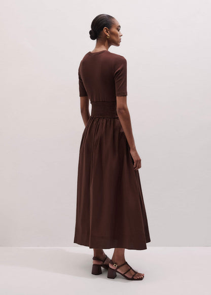 ME+EM Cinnamon V-Neck Smocked Skirt Mixed Media Maxi Dress