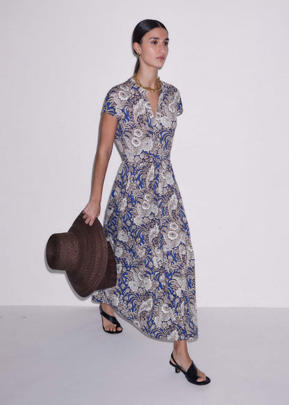 ME+EM Blue Elaborate Botanical Tiered Maxi Dress