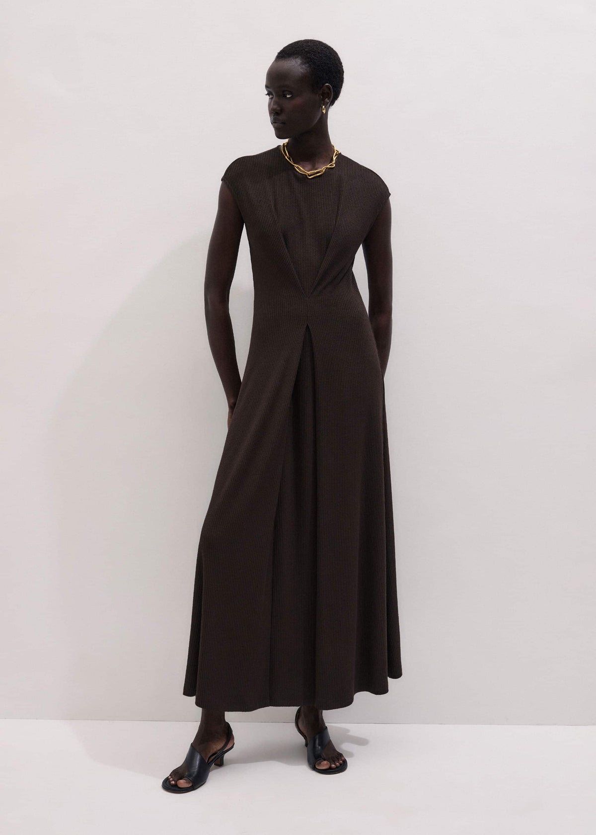 ME+EM Brown Draped Waist Clever Pleat Maxi Dress