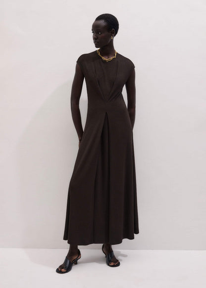 ME+EM Brown Draped Waist Clever Pleat Maxi Dress