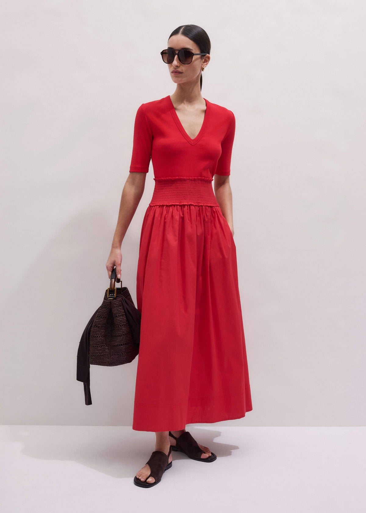 ME+EM Red V-Neck Smocked Skirt Mixed Media Maxi Dress