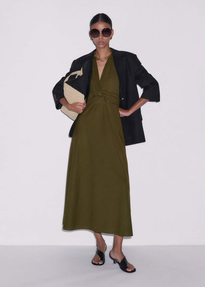 ME+EM Olive Green Crease-Less Linen Twist Front Maxi Dress