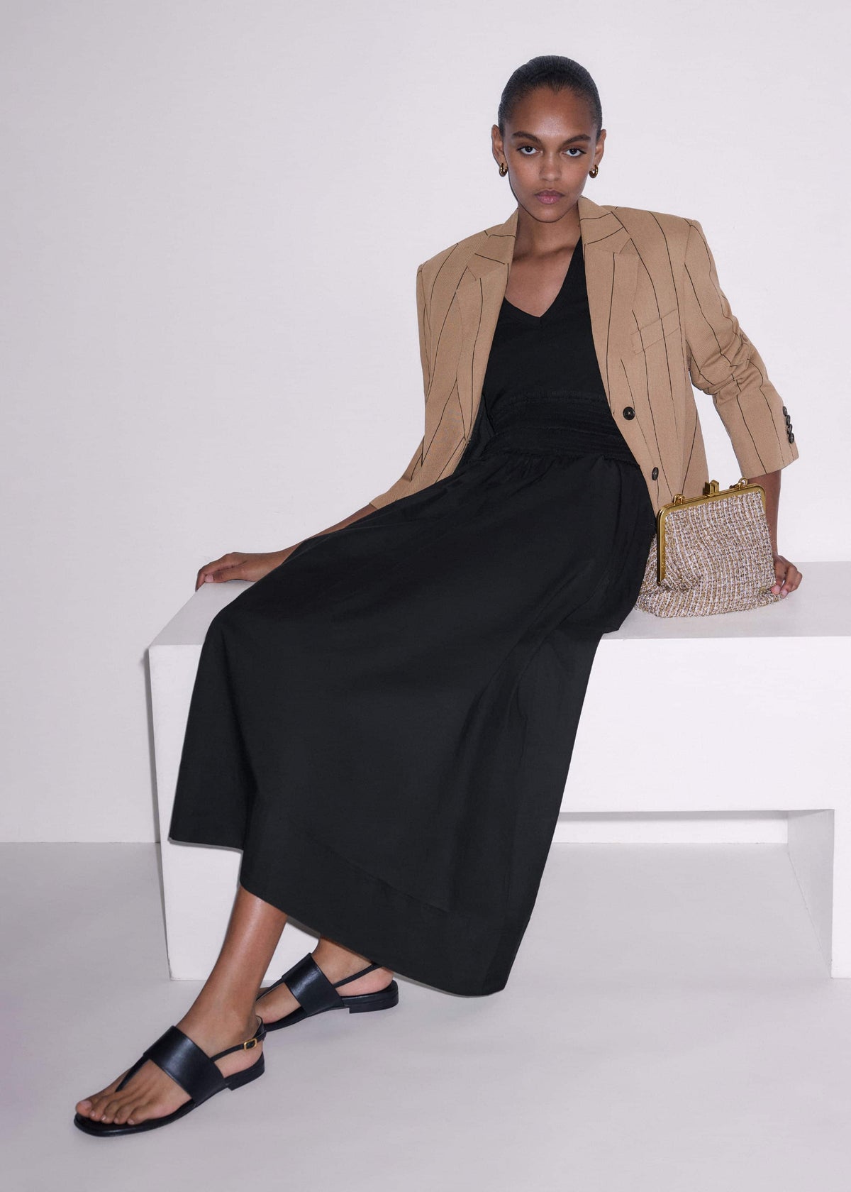 ME+EM Black V-Neck Smocked Skirt Mixed Media Maxi Dress