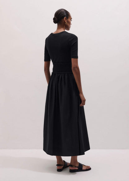 ME+EM Black V-Neck Smocked Skirt Mixed Media Maxi Dress