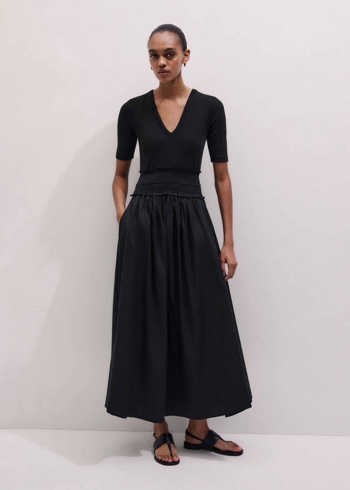 ME+EM Black V-Neck Smocked Skirt Mixed Media Maxi Dress