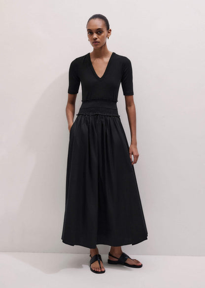 ME+EM Black V-Neck Smocked Skirt Mixed Media Maxi Dress