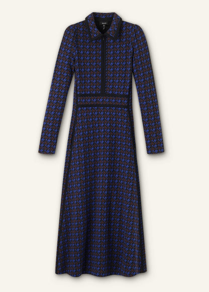 ME+EM Navy Houndstooth Jacquard Ponte Zip Neck Maxi Dress