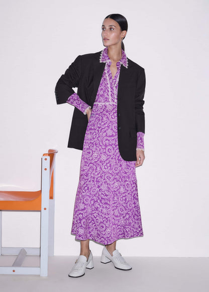 ME+EM Purple Entangled Lace Print Fit + Flare Maxi Dress