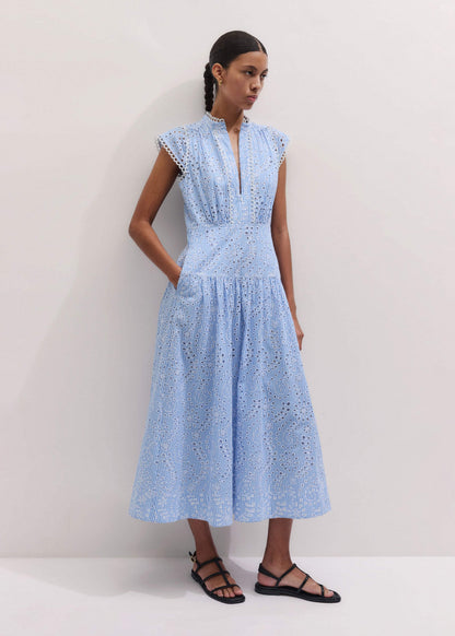 ME+EM Blue Broderie Anglaise Fit + Flare Maxi Dress