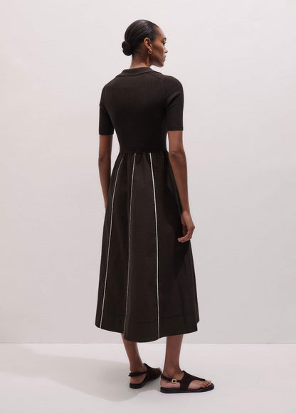 ME+EM Brown Mixed Media Fit And Flare Midi Dress + Belt