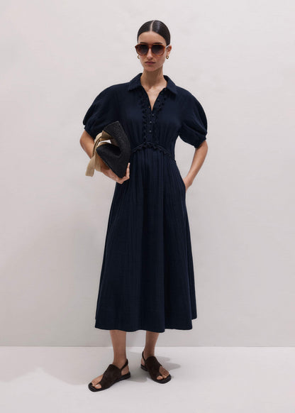 ME+EM Navy Cheesecloth Intricate Detail Fit + Flare Midi Dress