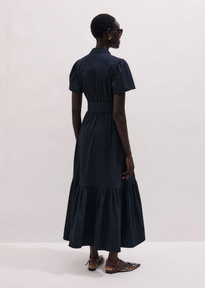 ME+EM Navy Cotton Seersucker Fit + Flare Midi Dress