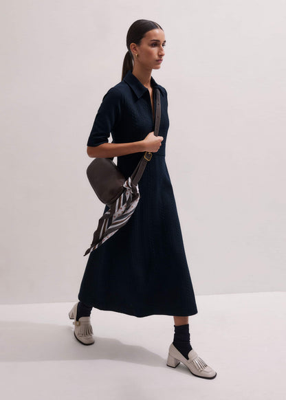 ME+EM Navy Cable Jacquard Half-Zip Midi Dress