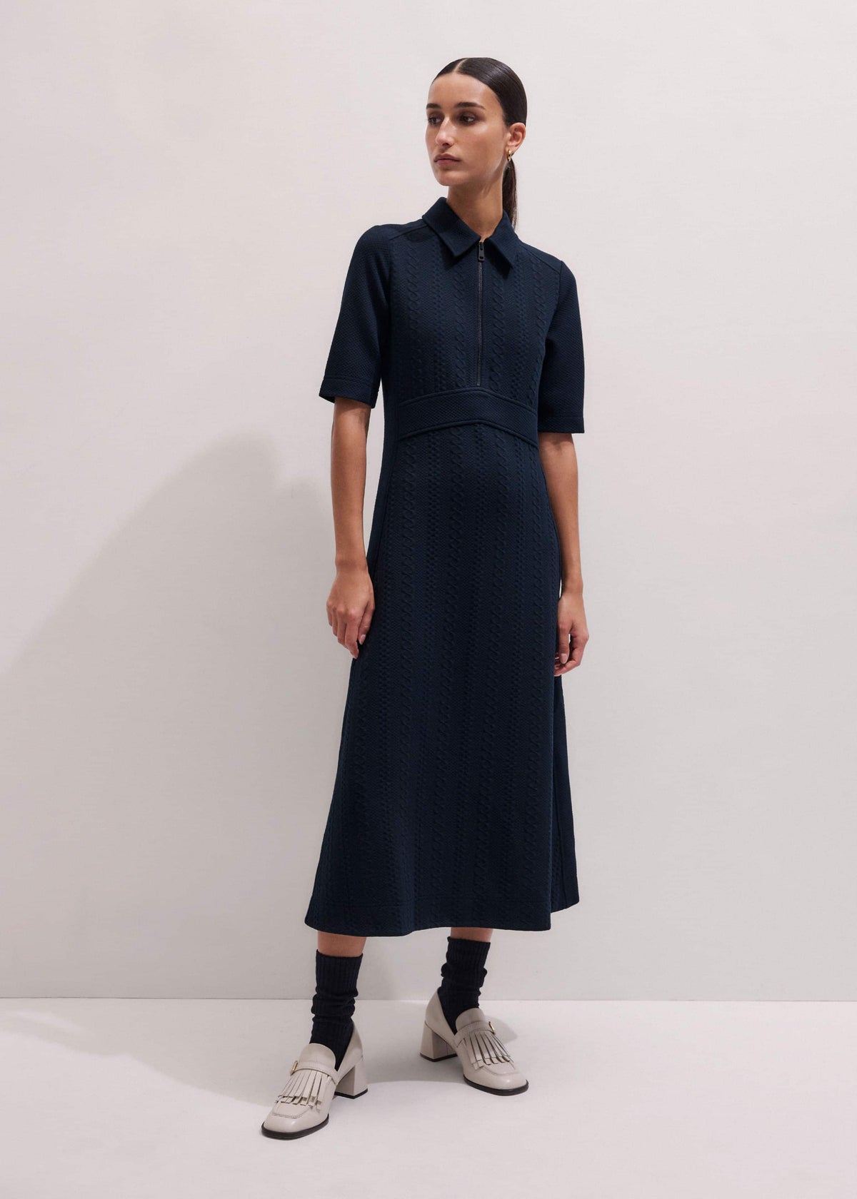 ME+EM Navy Cable Jacquard Half-Zip Midi Dress