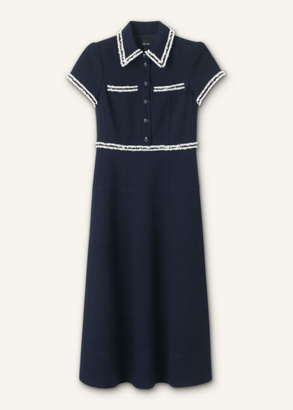 ME+EM Navy Fit + Flare Fray Trim Midi Dress