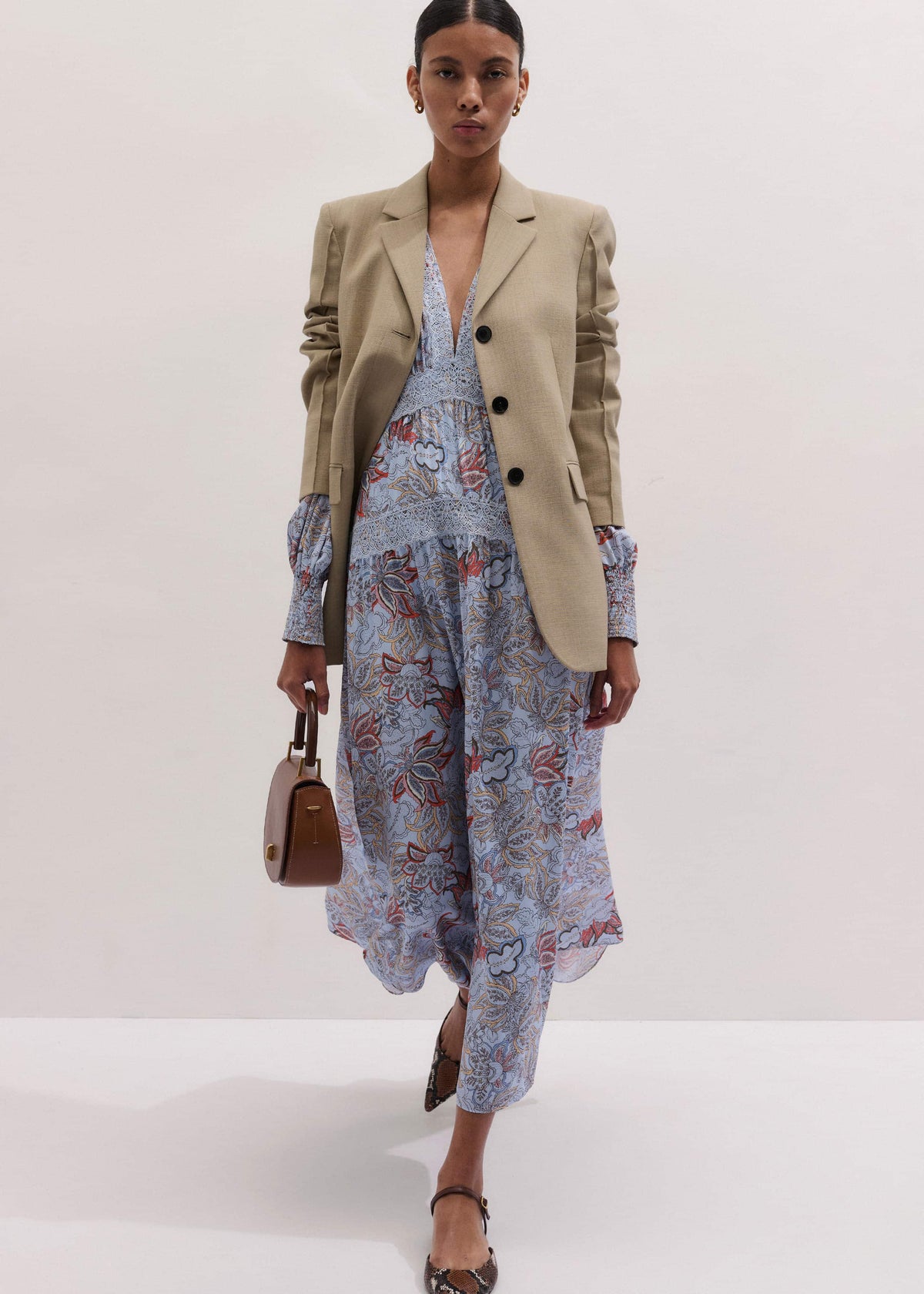 ME+EM Blue Silk Delicate Paisley Print Fit + Flare Maxi Dress