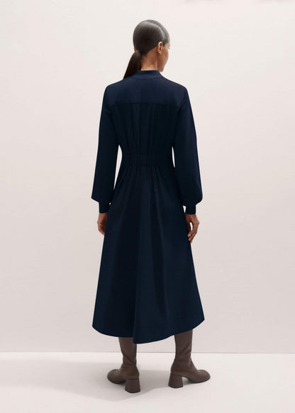 ME+EM Navy Cotton Cord Pleated Midi Dress