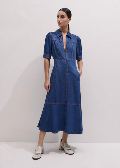 ME+EM Blue Fluid Fit + Flare Midi Dress + Belt