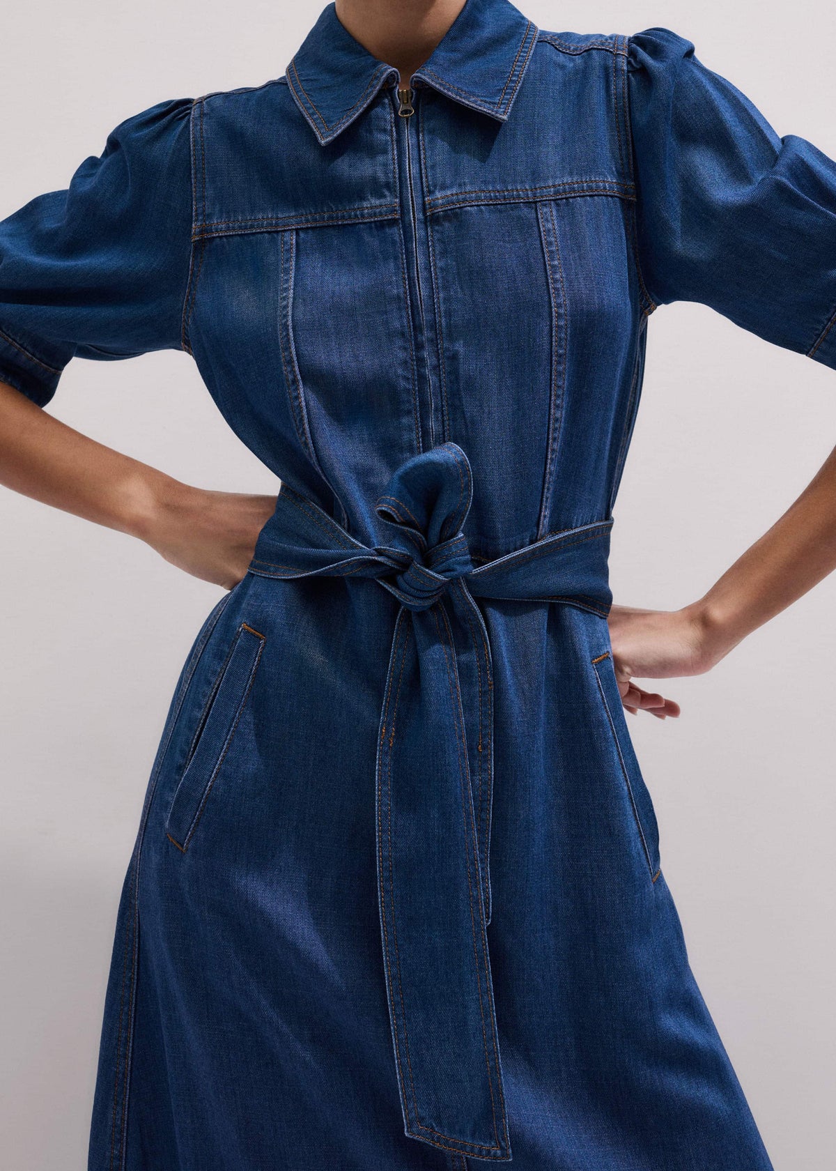 ME+EM Blue Fluid Fit + Flare Midi Dress + Belt
