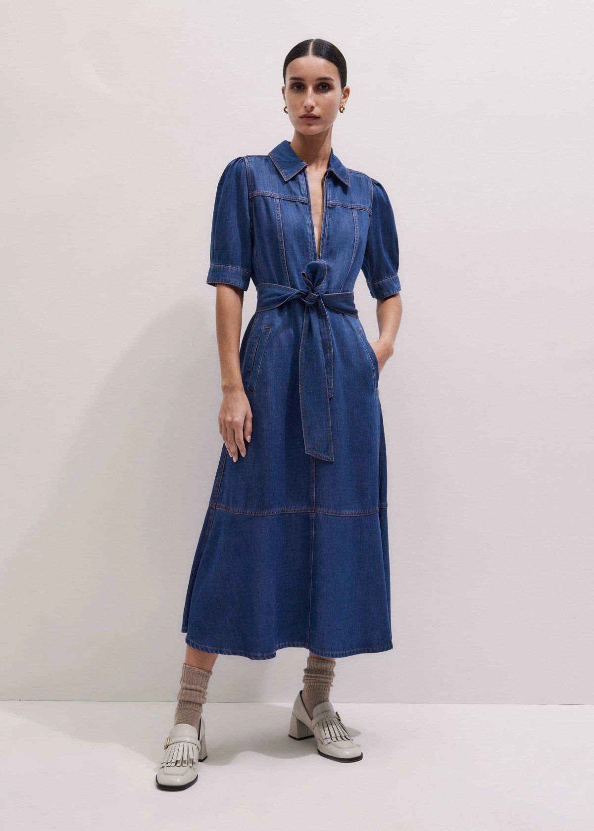 ME+EM Blue Fluid Fit + Flare Midi Dress + Belt