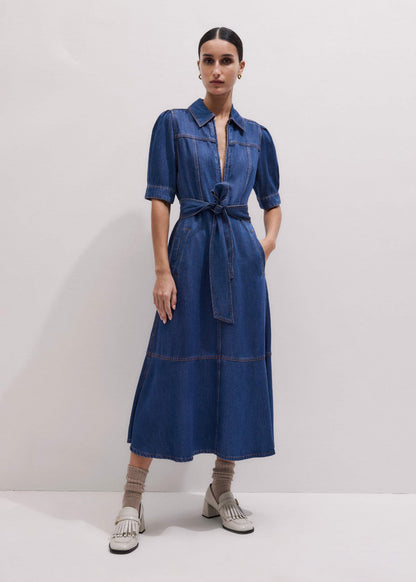 ME+EM Blue Fluid Fit + Flare Midi Dress + Belt