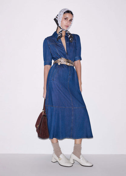 ME+EM Blue Fluid Fit + Flare Midi Dress + Belt
