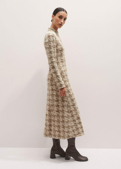 ME+EM Brown Exaggerated Houndstooth Midi Dress