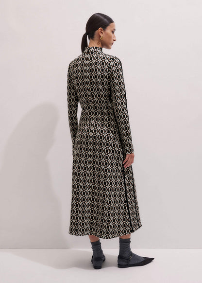ME+EM Navy Graphic Jacquard Fit and Flare Midi Dress