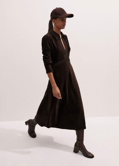 ME+EM Brown Ponte Collared Cord Velour AM-PM Midi Dress