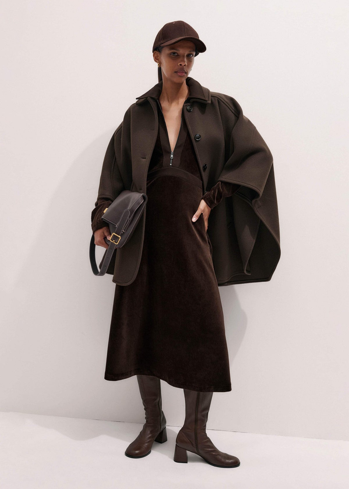 ME+EM Brown Ponte Collared Cord Velour AM-PM Midi Dress