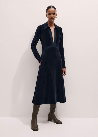 ME+EM Navy Ponte Collared Cord Velour AM-PM Midi Dress