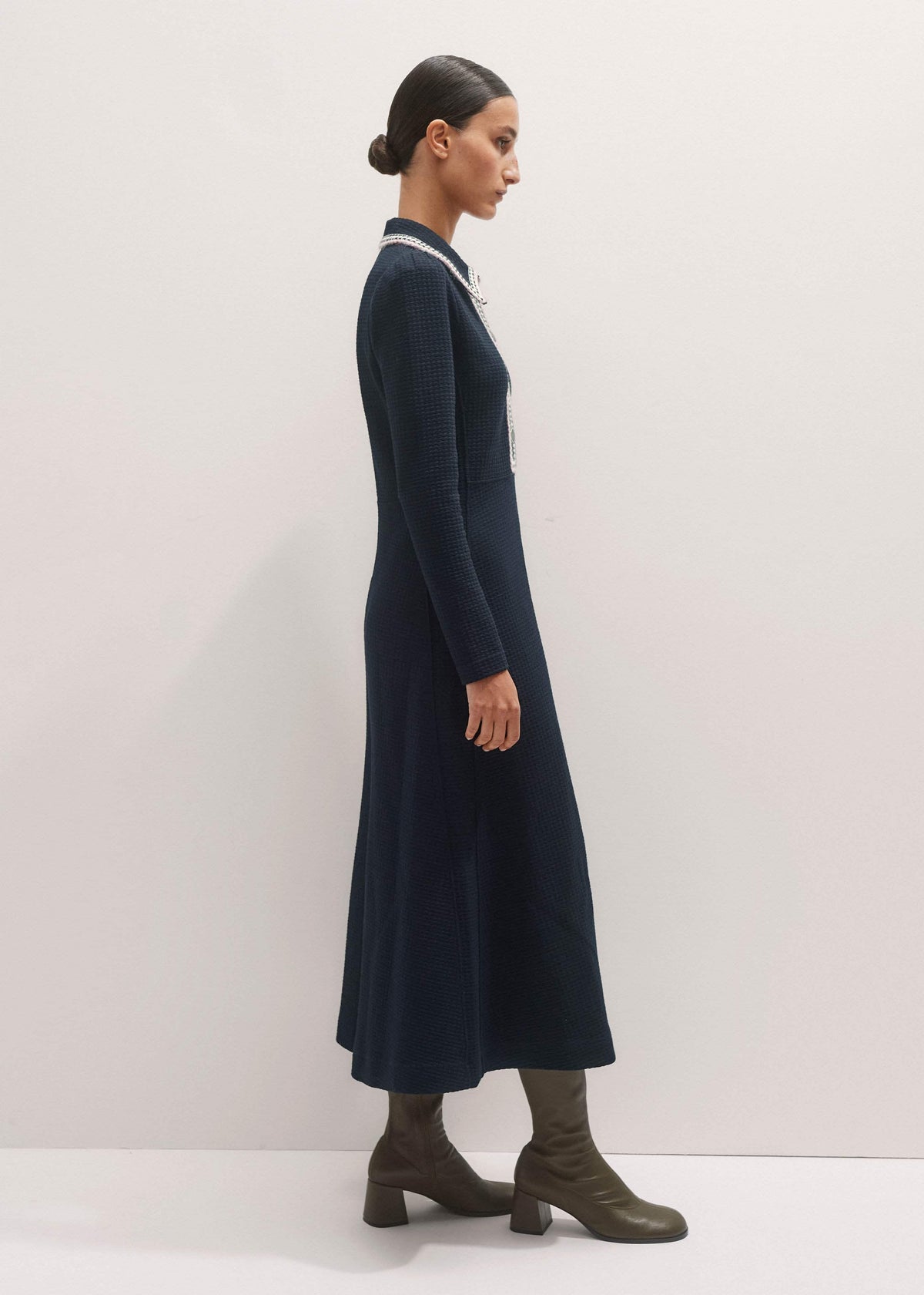ME+EM Navy Crochet Trim Fit and Flare Midi Dress