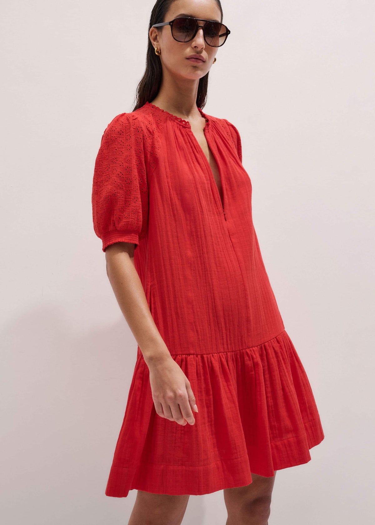 ME+EM Red Embroidered Cheesecloth Short Dress