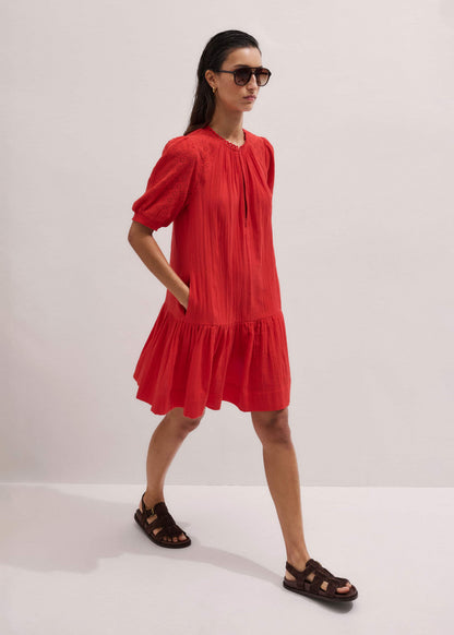 ME+EM Red Embroidered Cheesecloth Short Dress