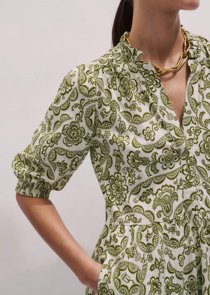 ME+EM Green Entangled Lace Print Tiered Short Dress