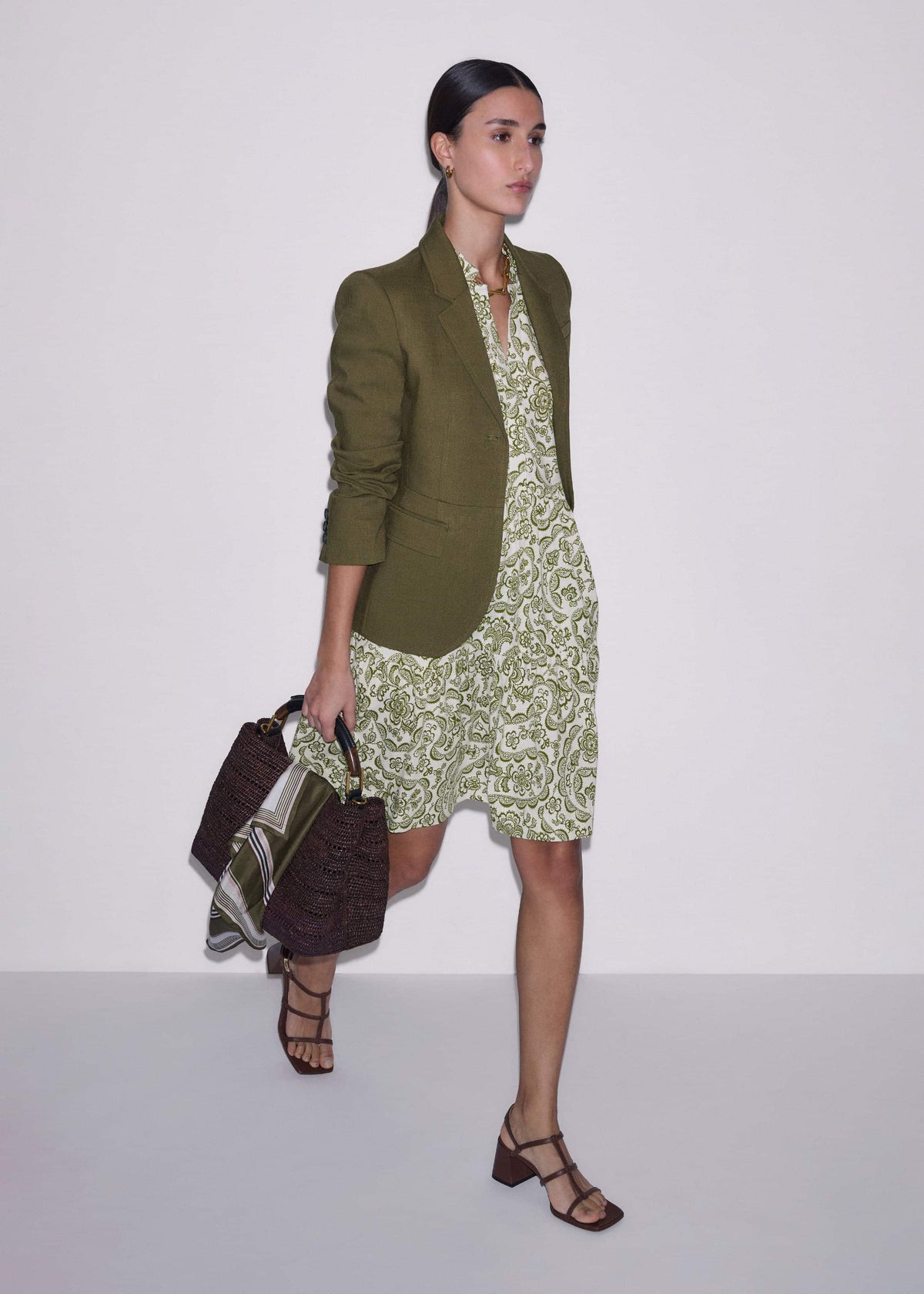 ME+EM Green Entangled Lace Print Tiered Short Dress