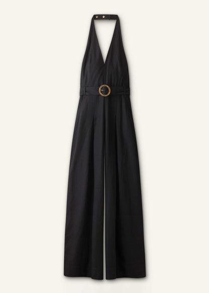 ME+EM Black Crease-Less Linen Halterneck Wide Jumpsuit