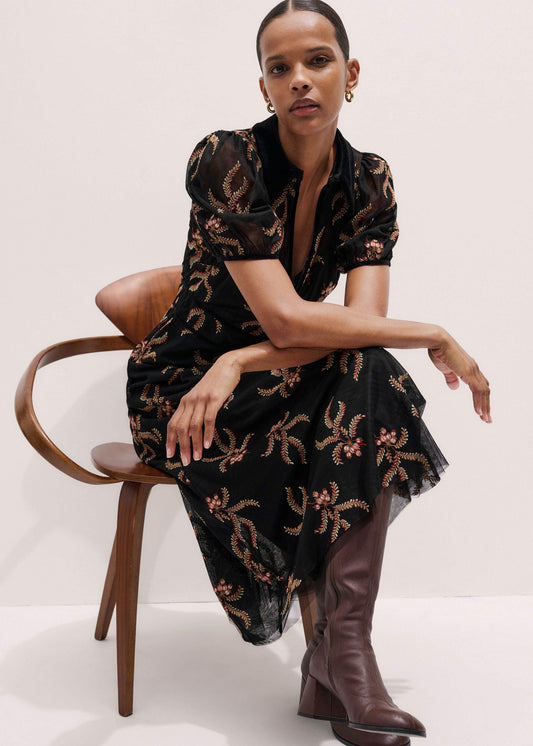 ME+EM Black Autumn Floral Embroidery Maxi Dress