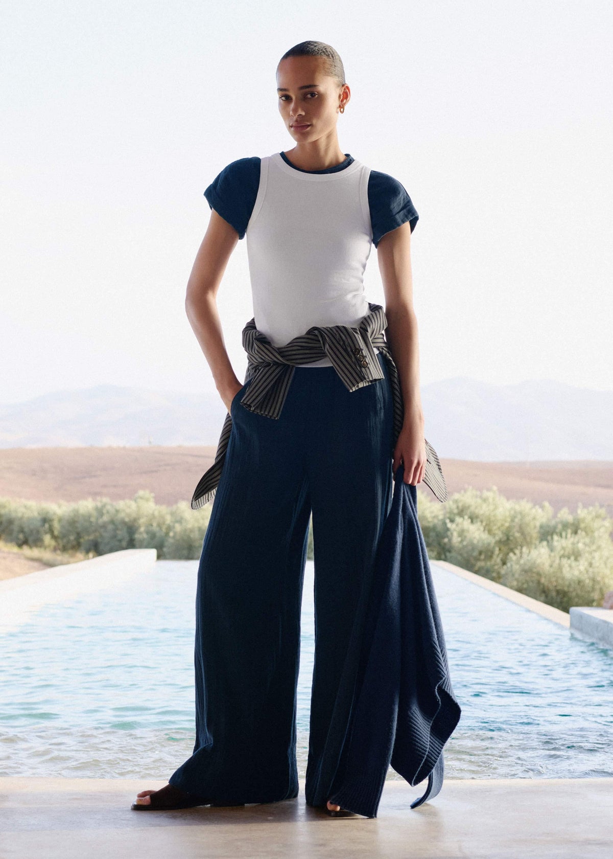 ME+EM Navy Cheesecloth Wide-Leg Pant