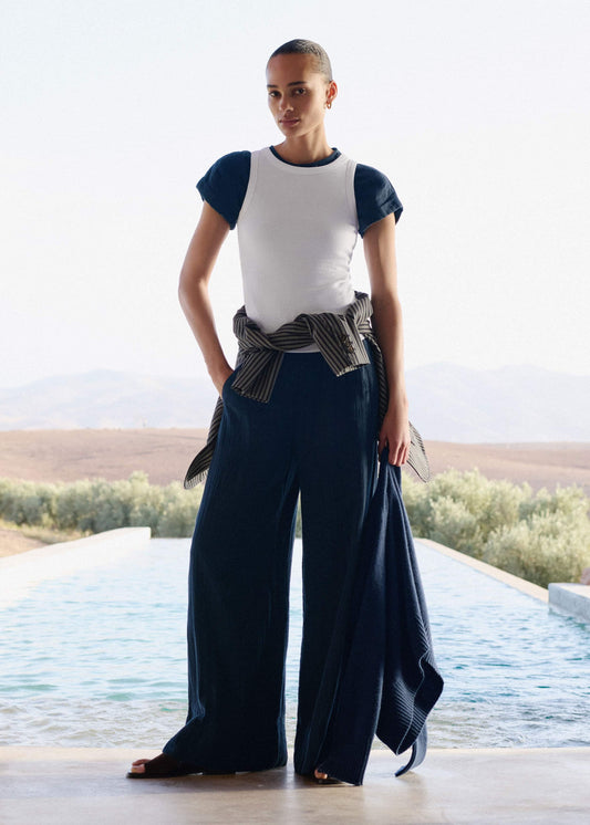 ME+EM Navy Cheesecloth Wide-Leg Pant