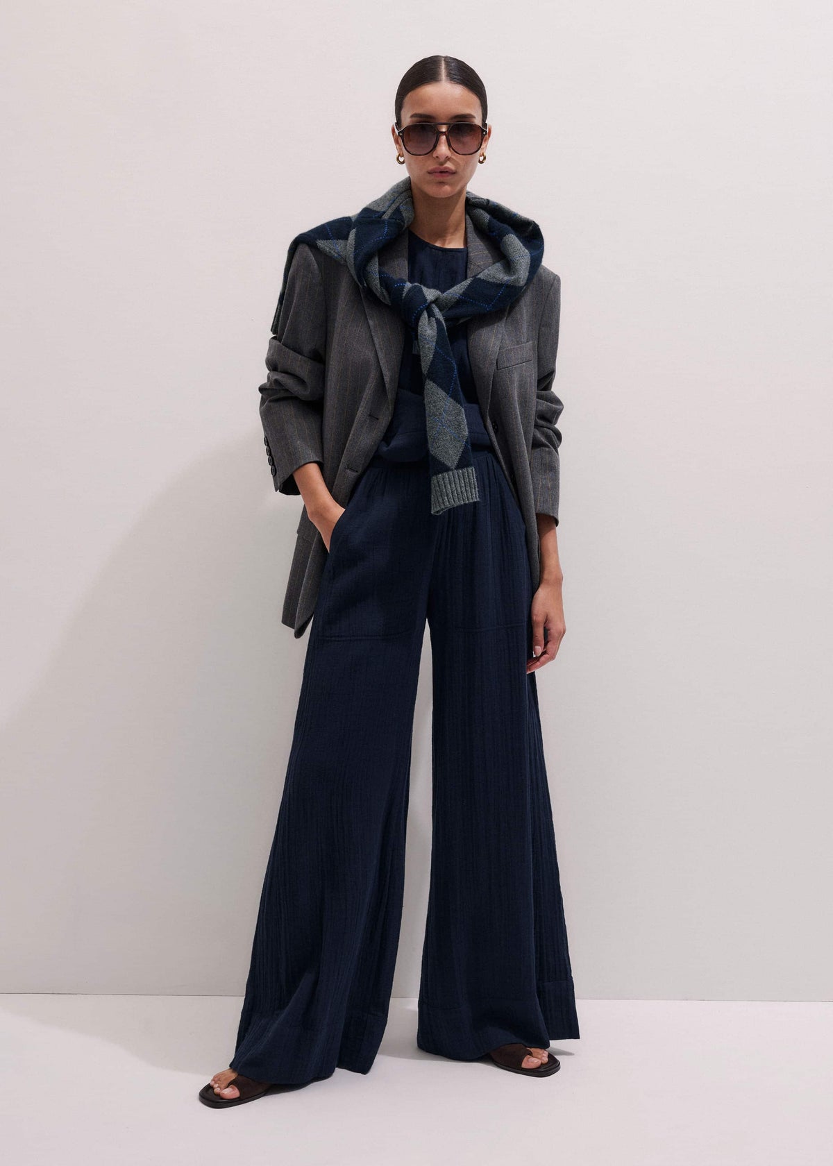 ME+EM Navy Cheesecloth Wide-Leg Pant