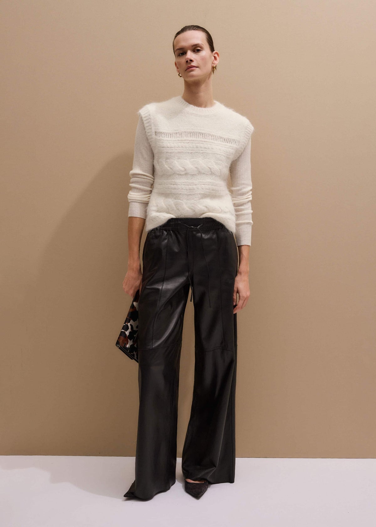 ME+EM Warm Black Leather Wide-Leg Track Pant