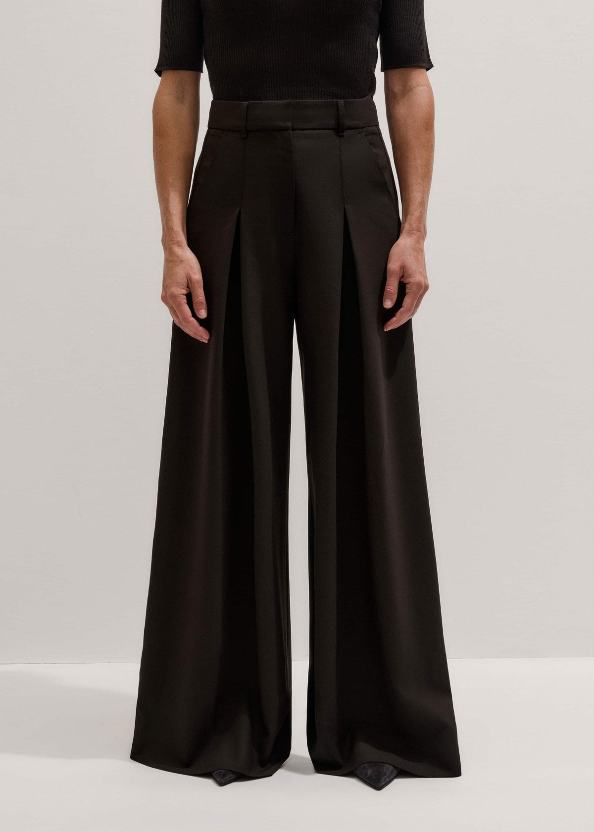 ME+EM Brown Wool Ultimate Pleat-Front Wide-Leg Pant