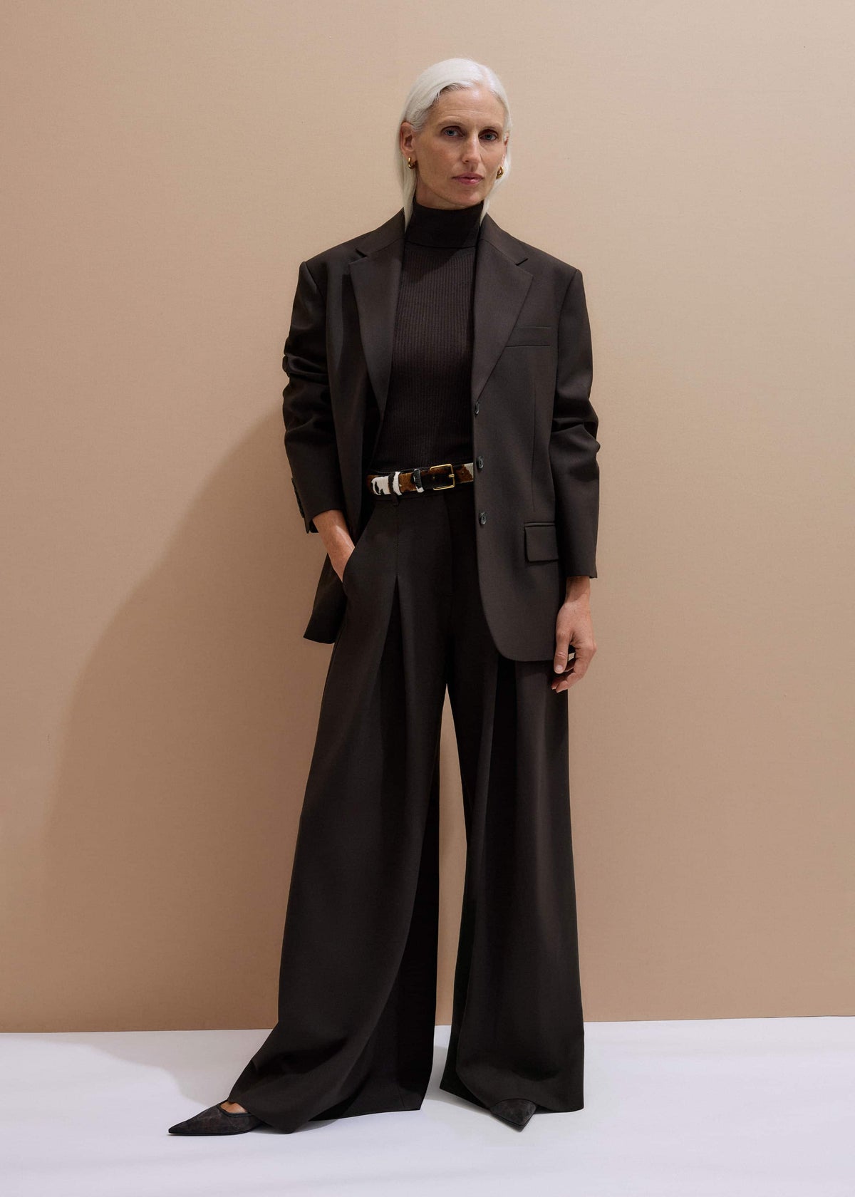 ME+EM Brown Wool Ultimate Pleat-Front Wide-Leg Pant