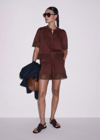 ME+EM Cinnamon Brown Crochet Trim Short