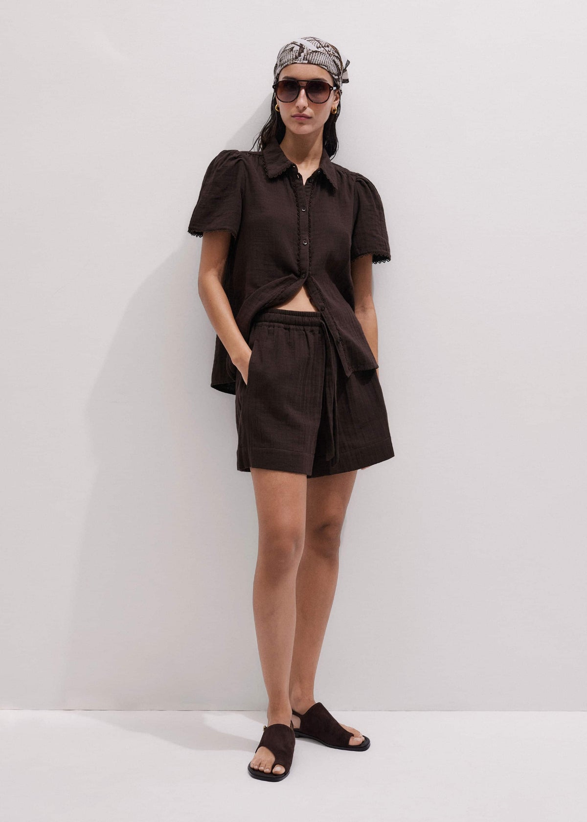 ME+EM Brown Cheesecloth Summer Short